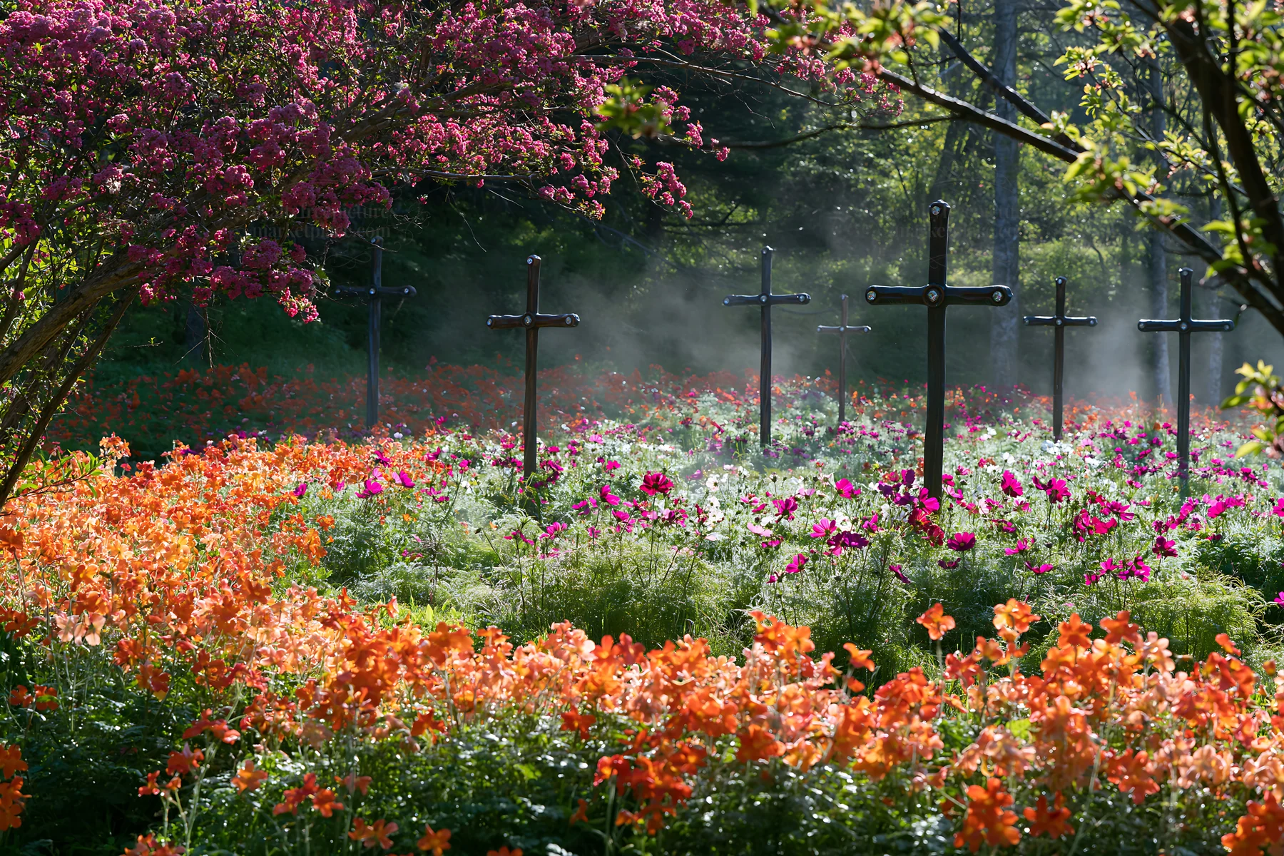 Christian crosses in flower meadow near geothermal spring - AI-generated stock image