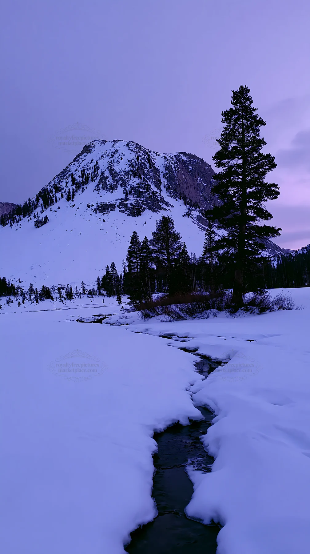 Snowbound meadow with mountain and stream at dusk - AI-generated stock image