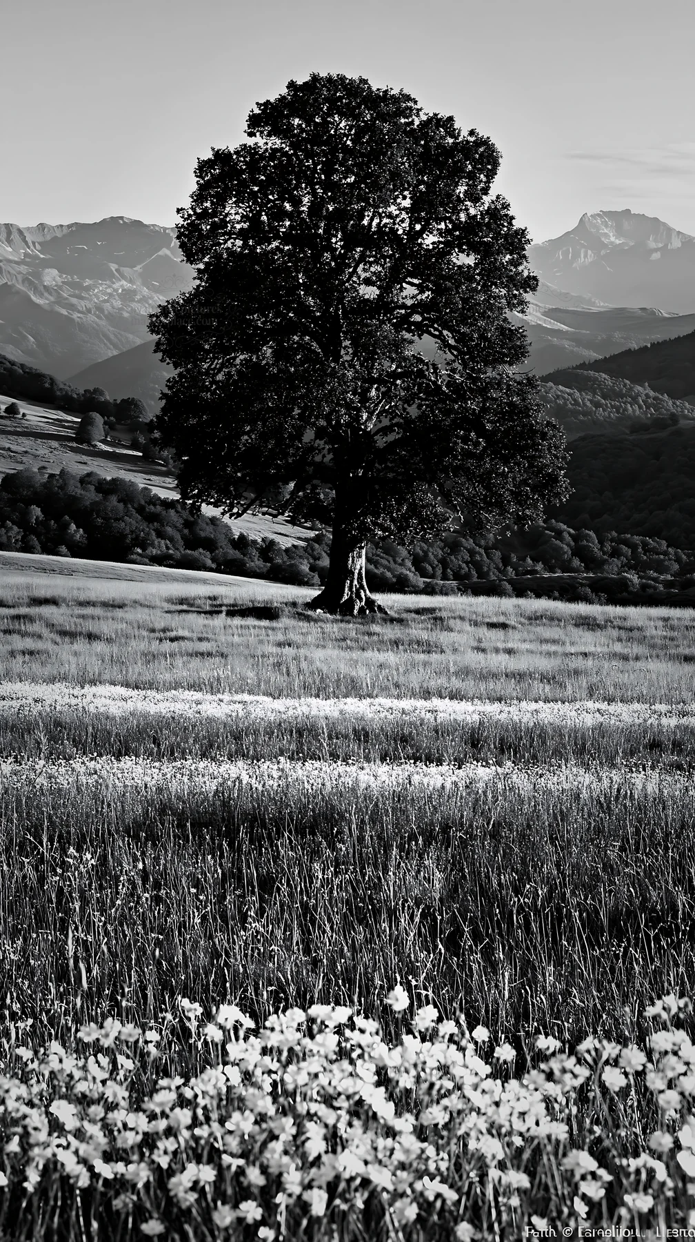 Meadow near Pyrenees mountains with a large tree - AI-generated stock image