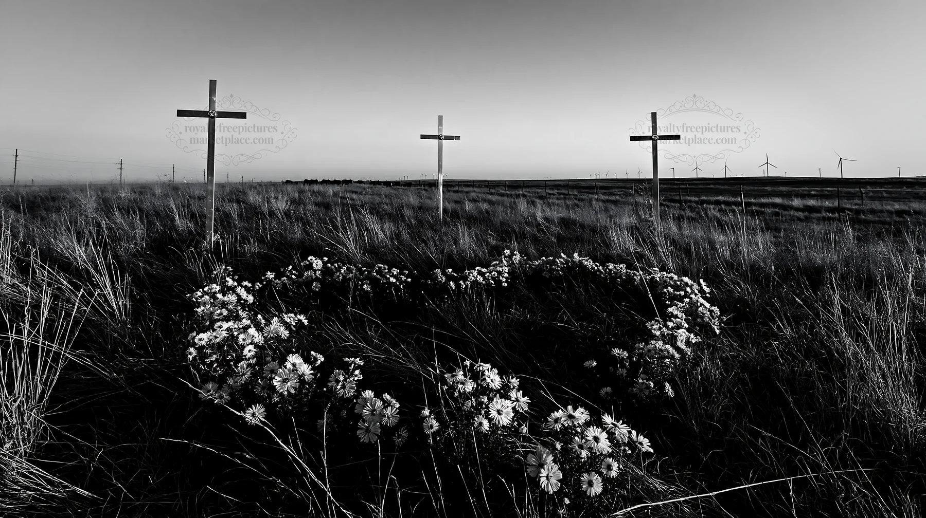 Three Christian crosses in a Christmas meadow at sunrise - AI-generated stock image