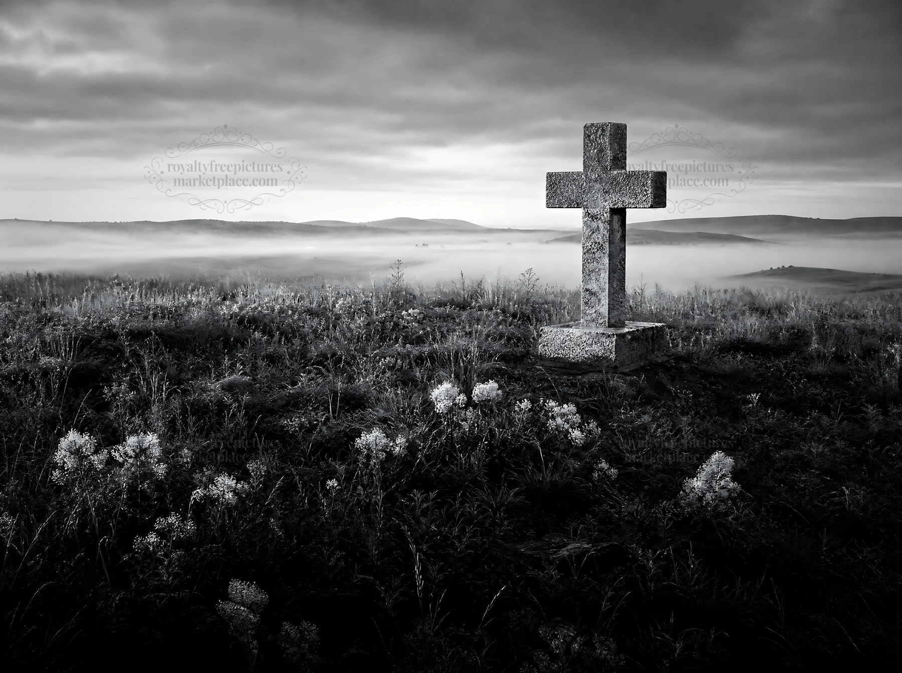 Golden Christian cross in sunset meadow - AI-generated stock image