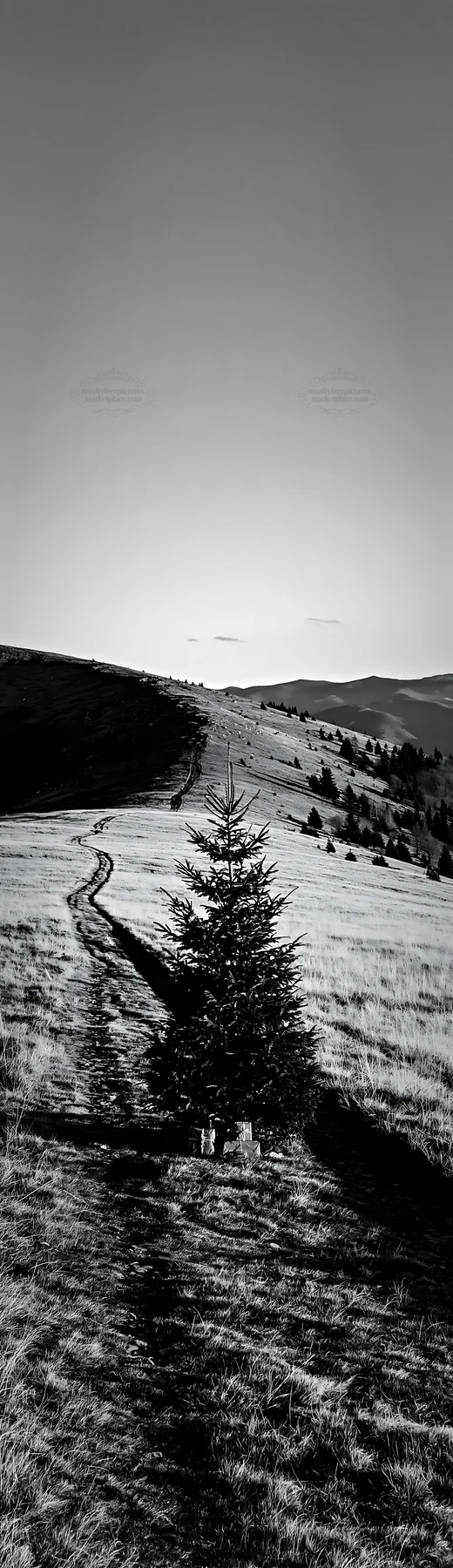 Evergreen tree on a hillside with a winding path - AI-generated stock image