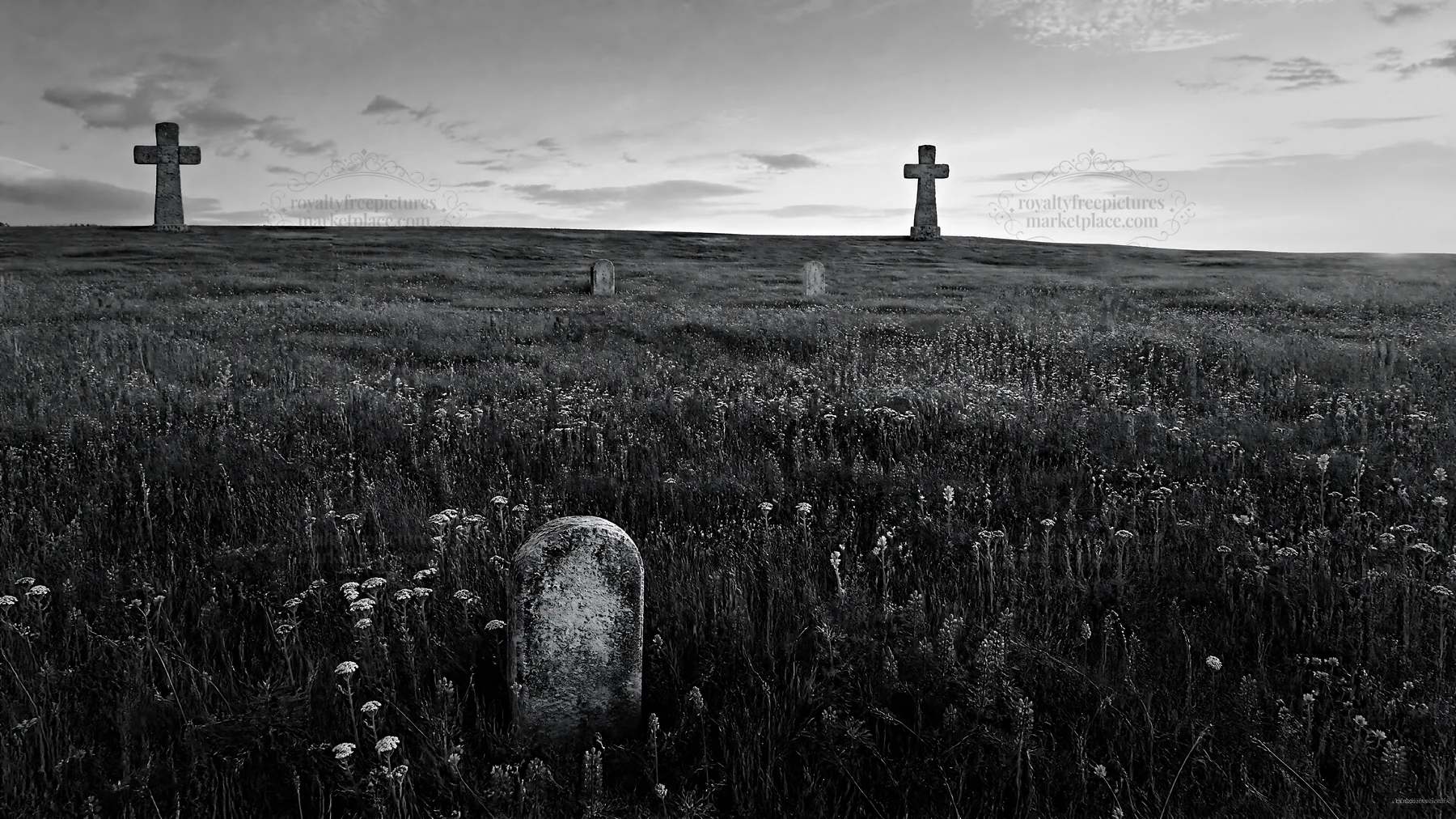 Christian crosses on meadow during sunrise - AI-generated stock image