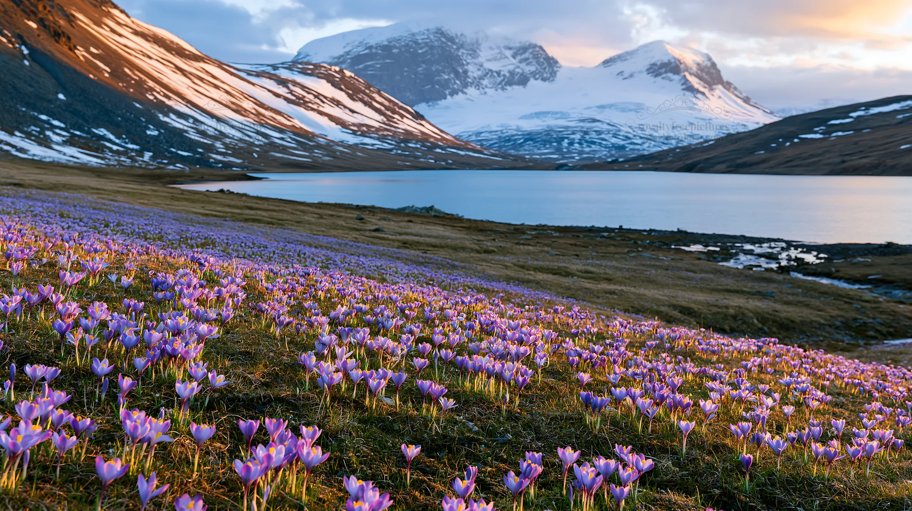 Meadow filled with crocuses near a lake and mountains - AI-generated stock image