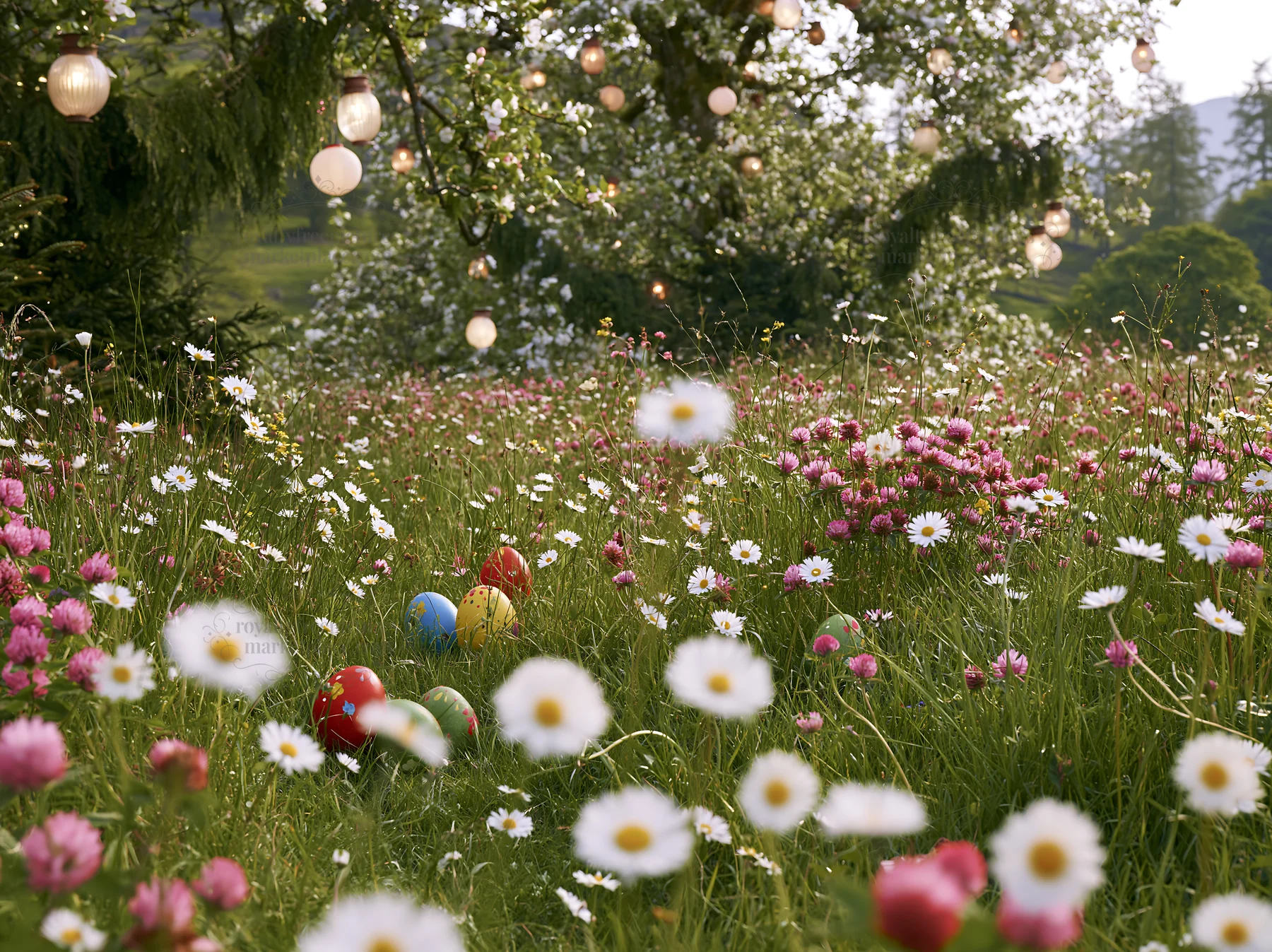 Apple tree meadow in Lake District with lanterns for Christmas - AI-generated stock image