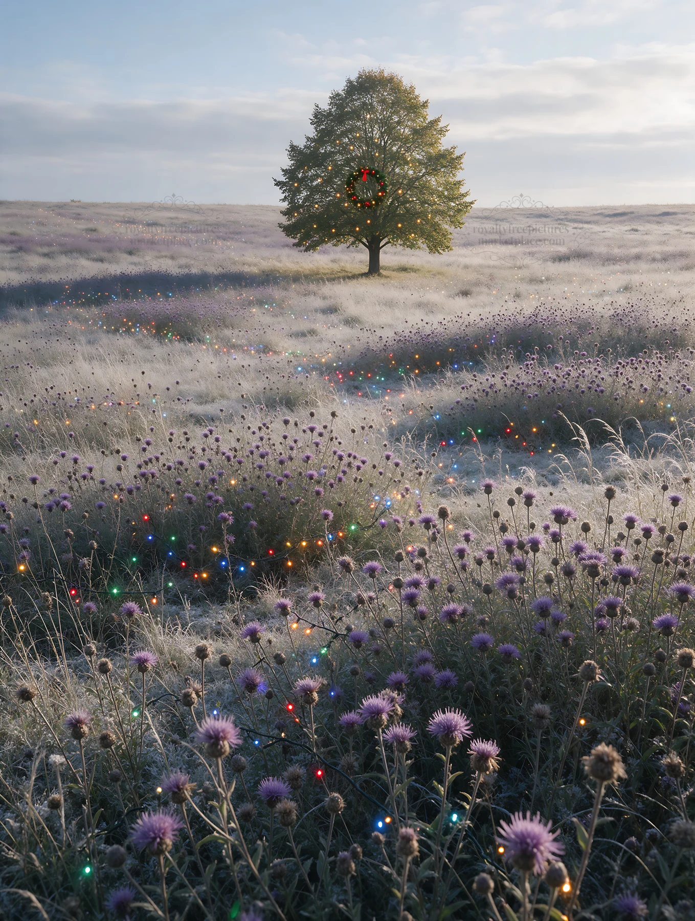Vibrant Christmas lights in winter meadow with tree - AI-generated stock image