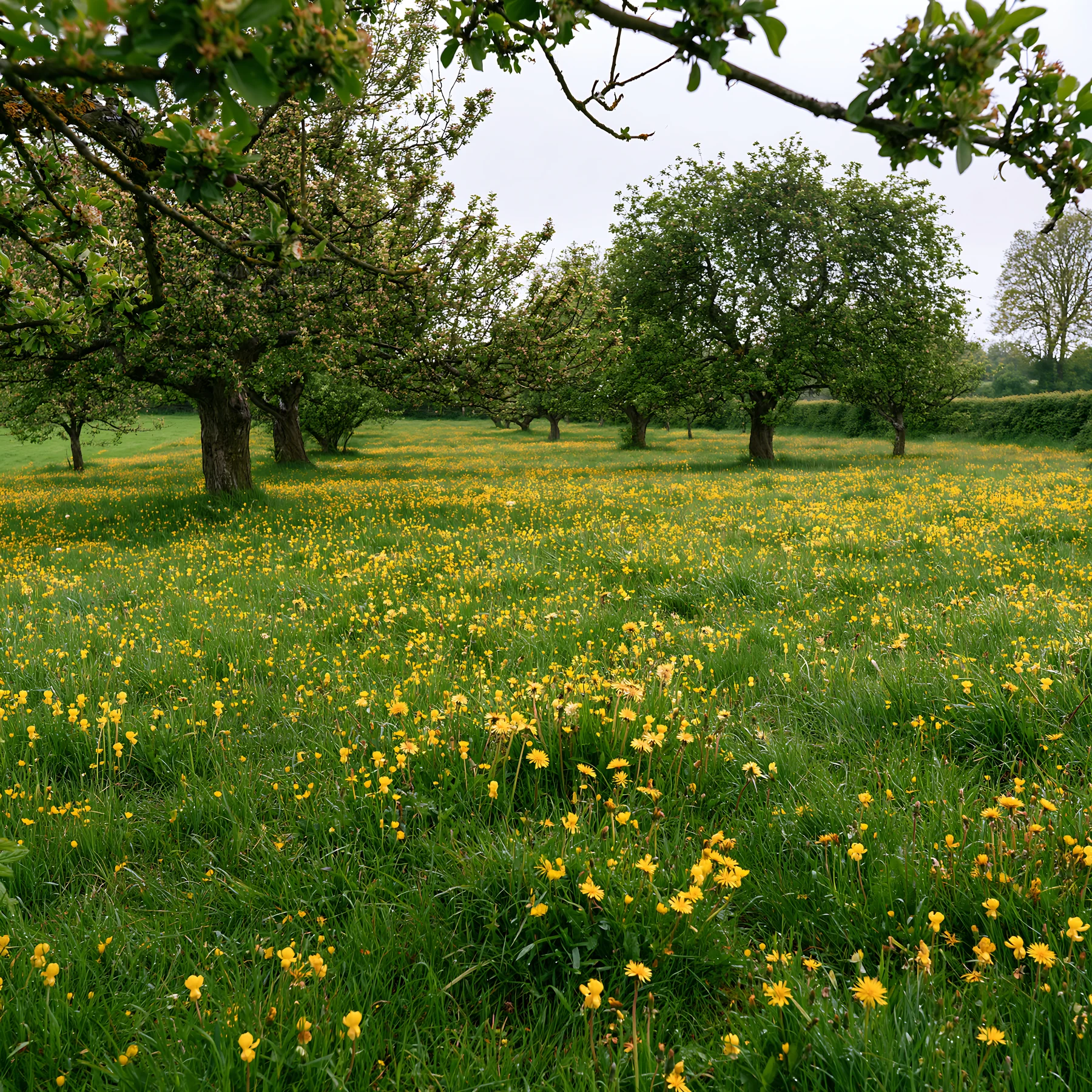 Spring orchard meadow with yellow flowers and green trees - AI-generated stock image