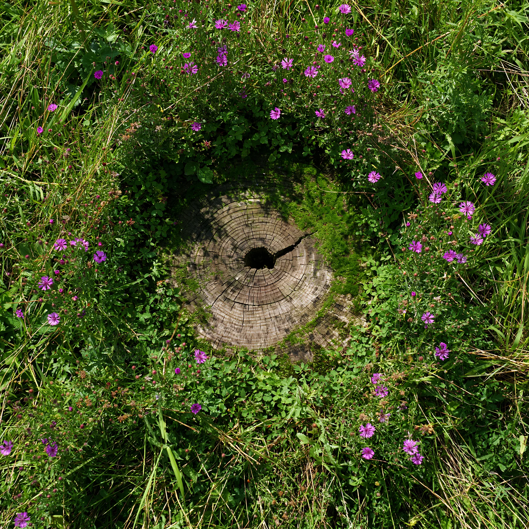 Fukushima native meadow with weathered stump surrounded by flowers - AI-generated stock image