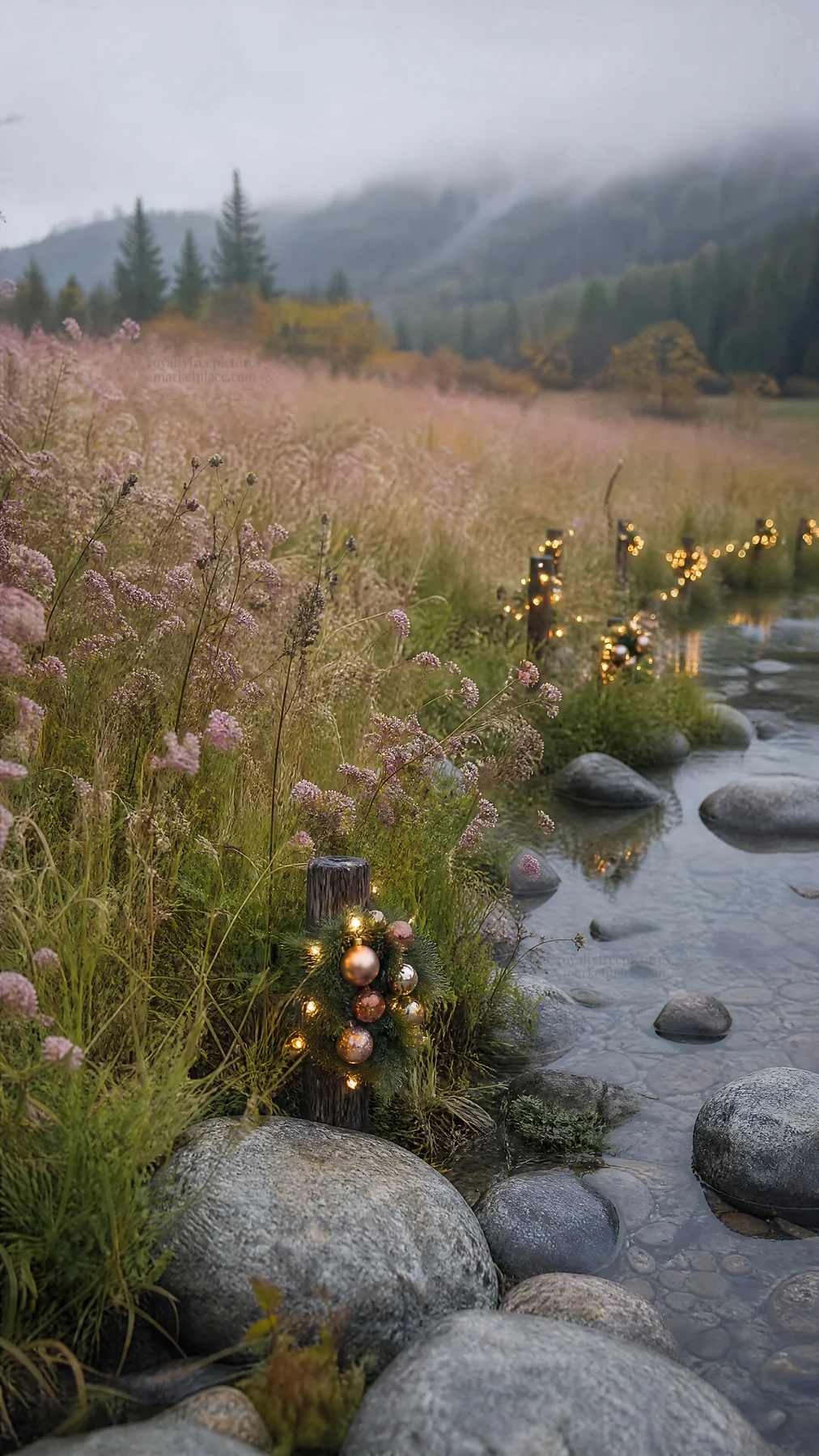 Christmas ornaments along stream in meadow with lights - AI-generated stock image