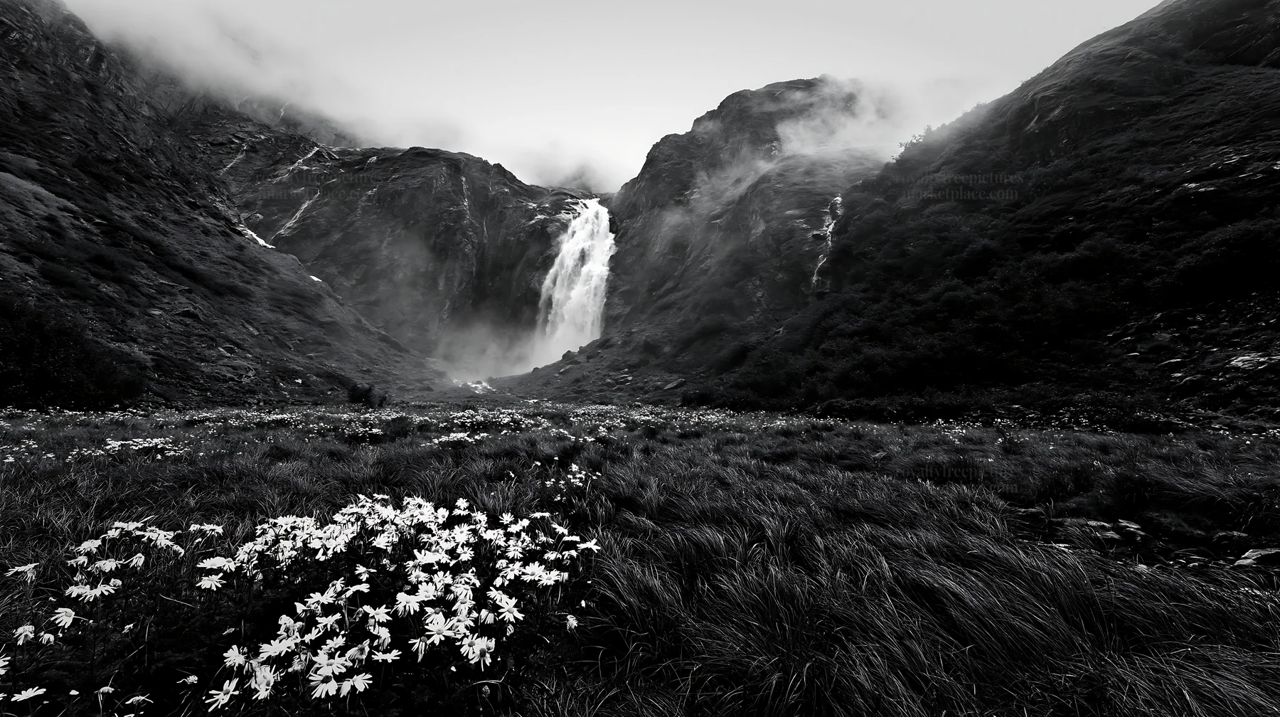Misty mountain waterfall in a meadow with white flowers - AI-generated stock image