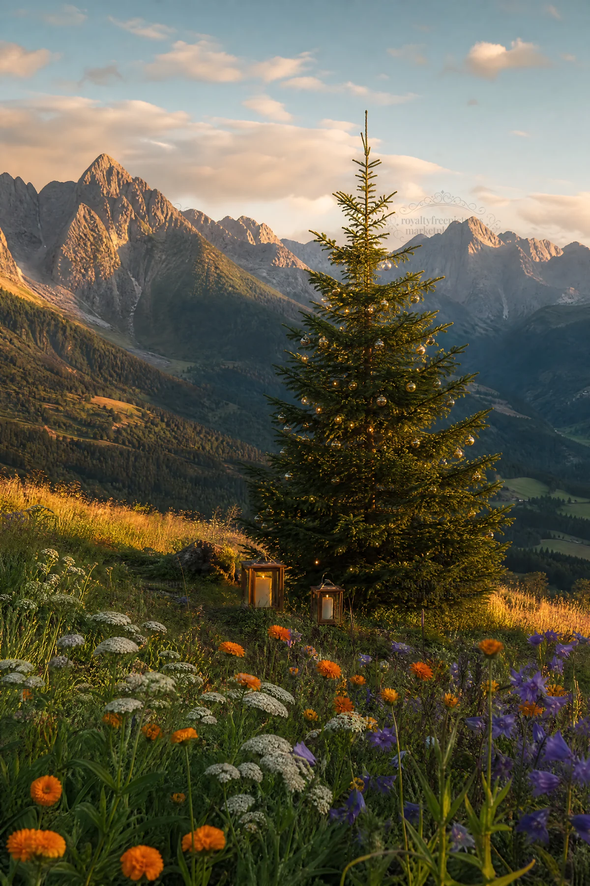 Christmas tree in mountain valley meadow with flowers - AI-generated stock image