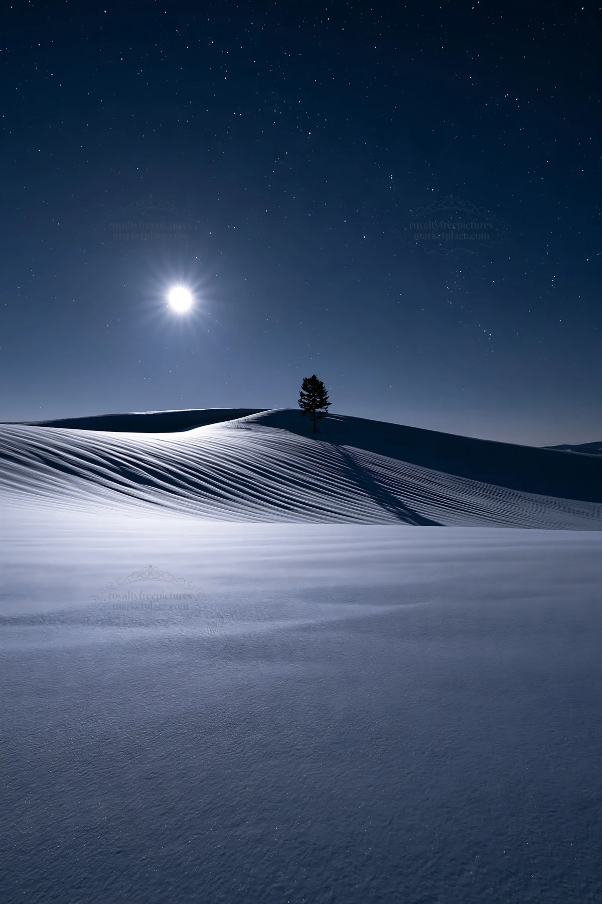 Snow covered Biei hills at night with moon and tree - AI-generated stock image