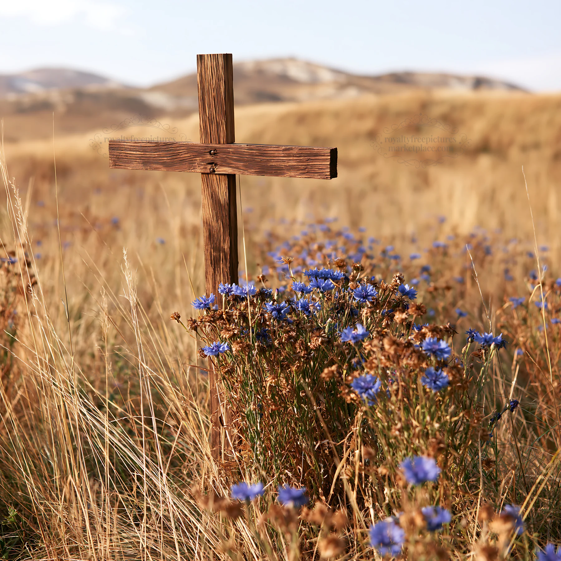 Wooden Christian cross in meadow with wildflowers during Christmas - AI-generated stock image