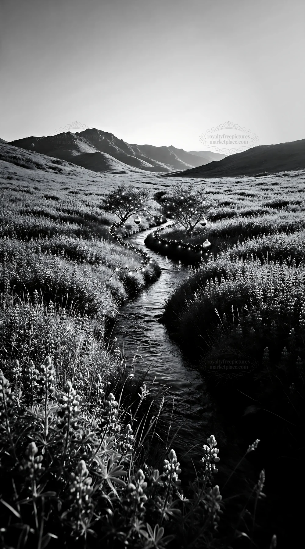 Christmas ornaments along stream in meadow - AI-generated stock image