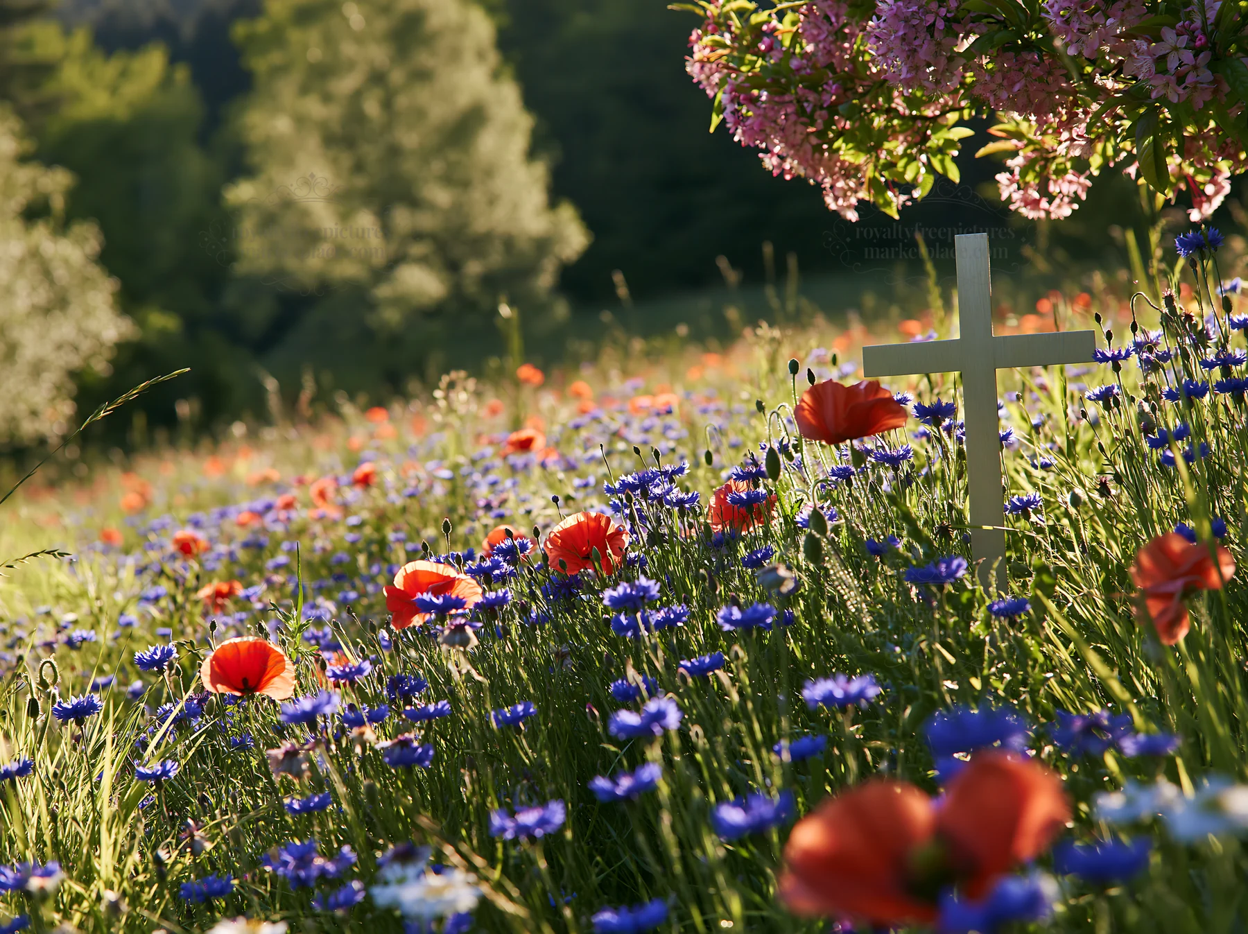 White Christian cross in a meadow filled with flowers - AI-generated stock image