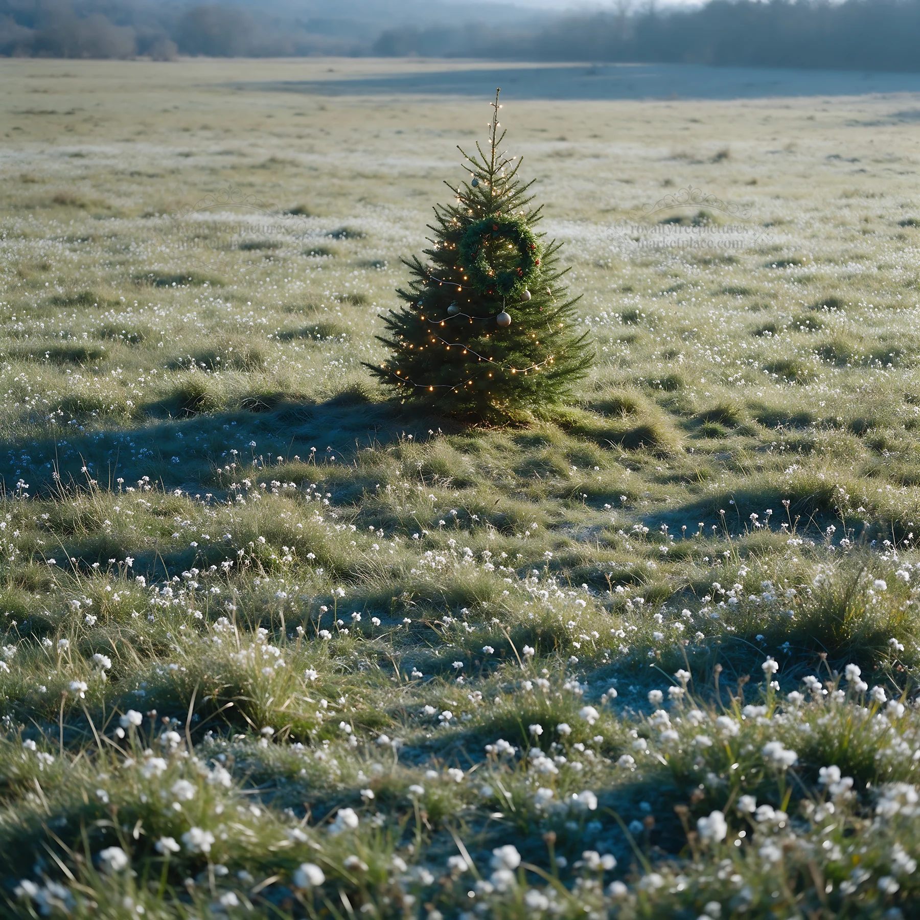 Vibrant Christmas tree in meadow under winter sunlight - AI-generated stock image