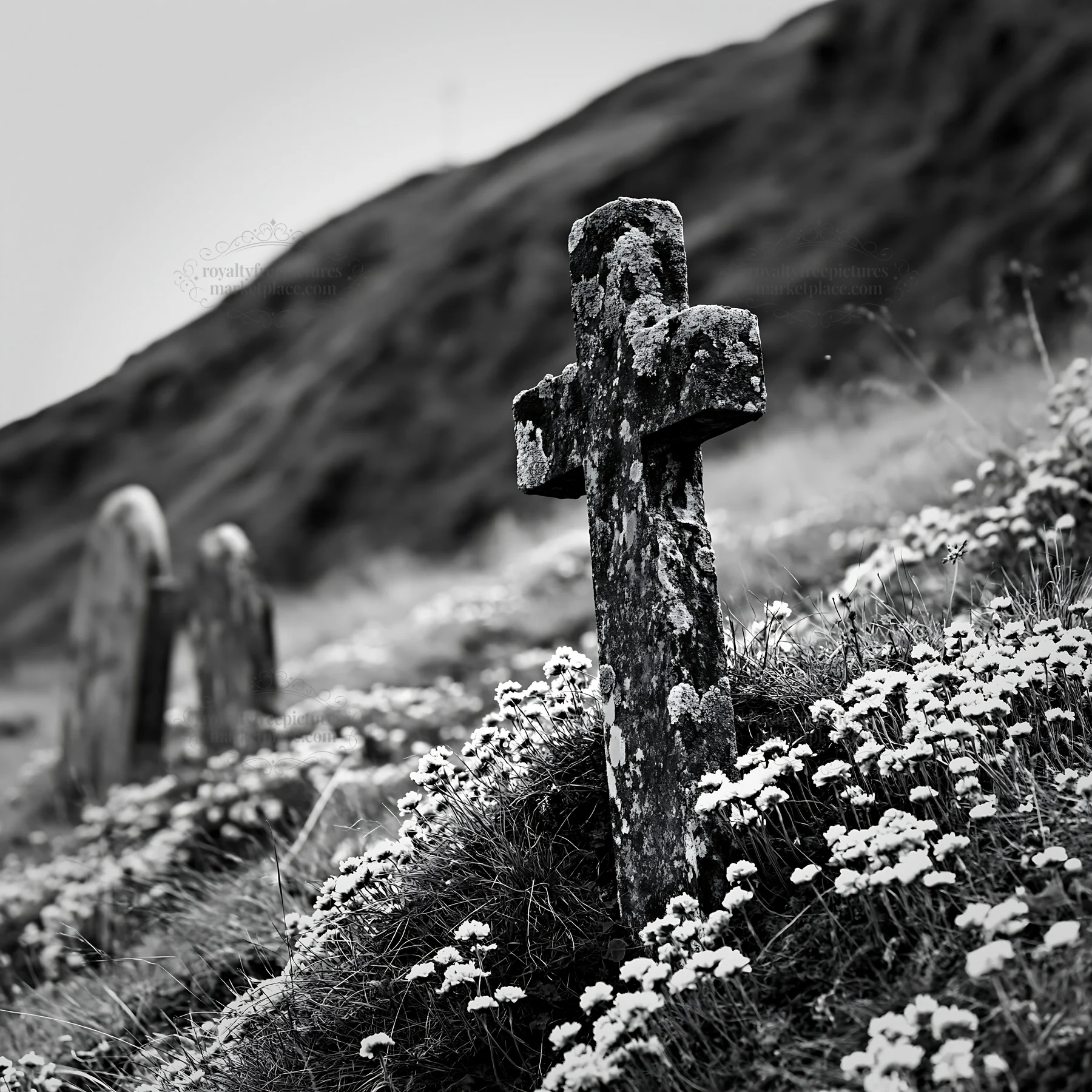 Christian cross in a mountain meadow with flowers - AI-generated stock image