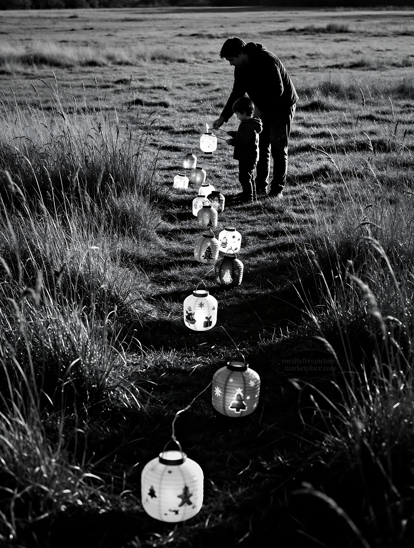 Colorful Christmas lanterns brighten a meadow trail - AI-generated stock image