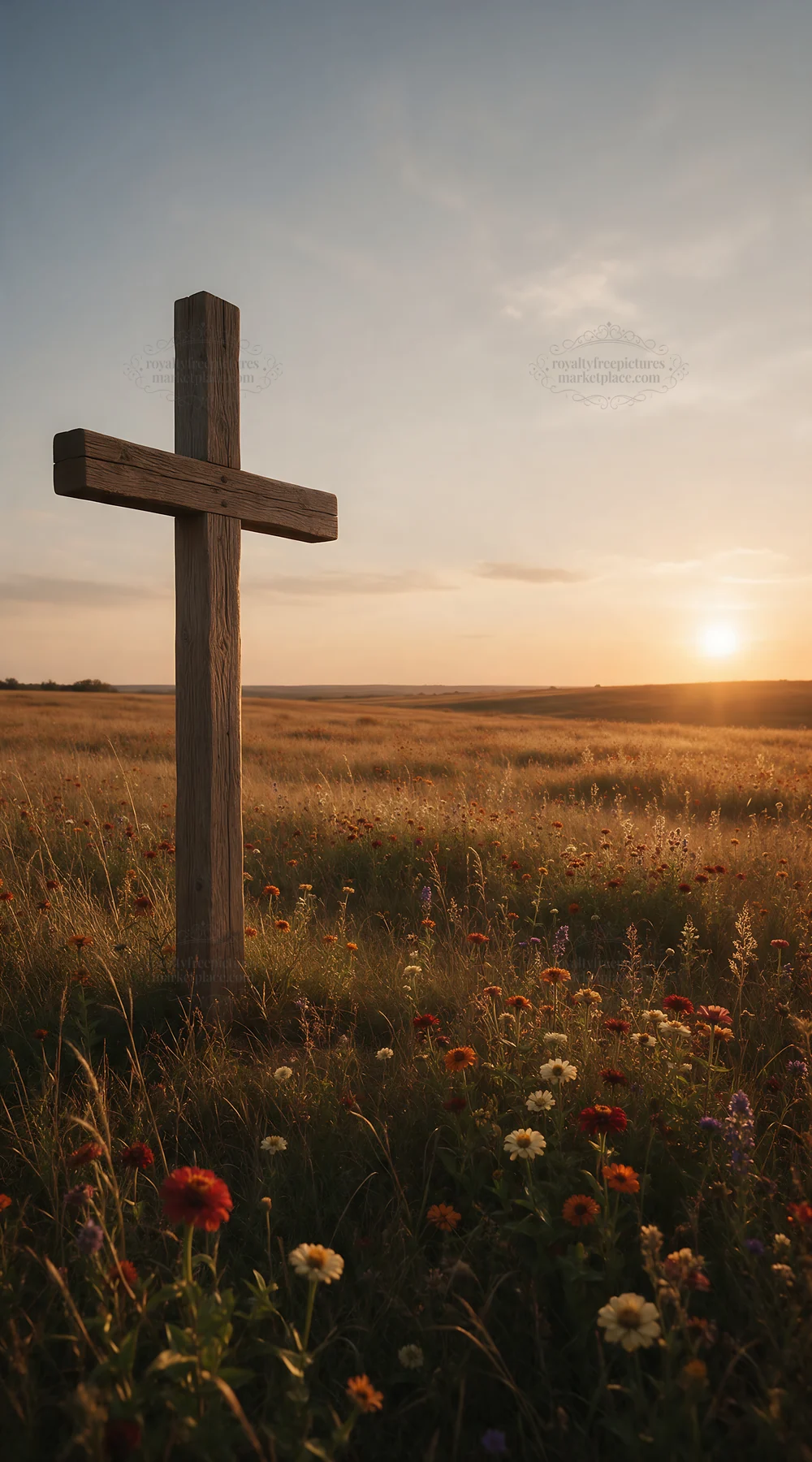 Christian cross in autumn meadow during sunset - AI-generated stock image