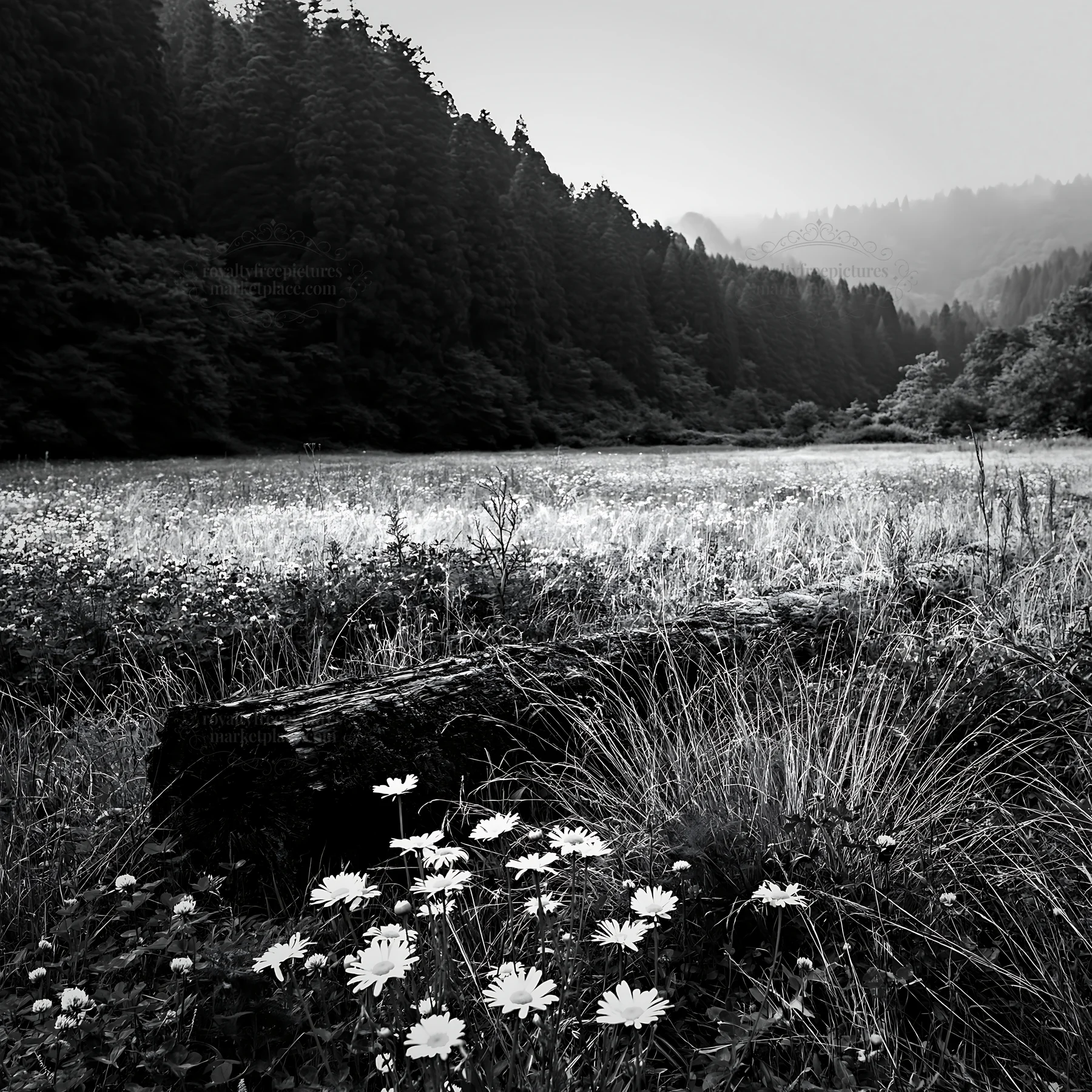 Mossy log in Gifu meadow surrounded by flowers and forest - AI-generated stock image