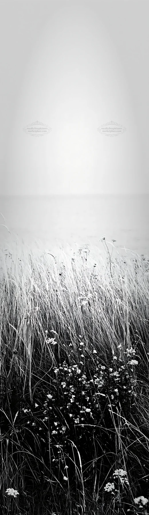 Meadow grass seedheads near the water at dawn - AI-generated stock image