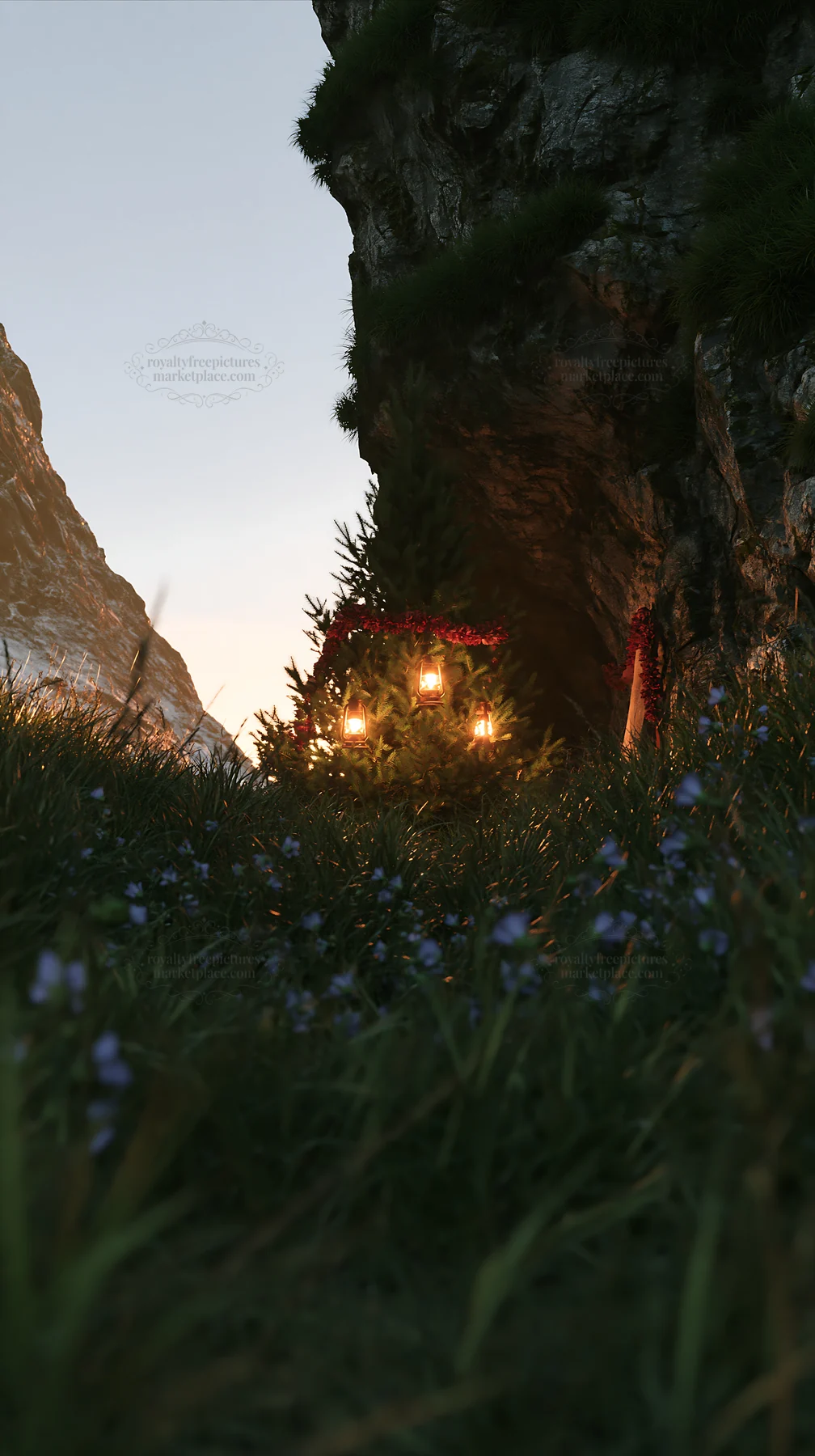 Christmas tree with lanterns in meadow near cave - AI-generated stock image