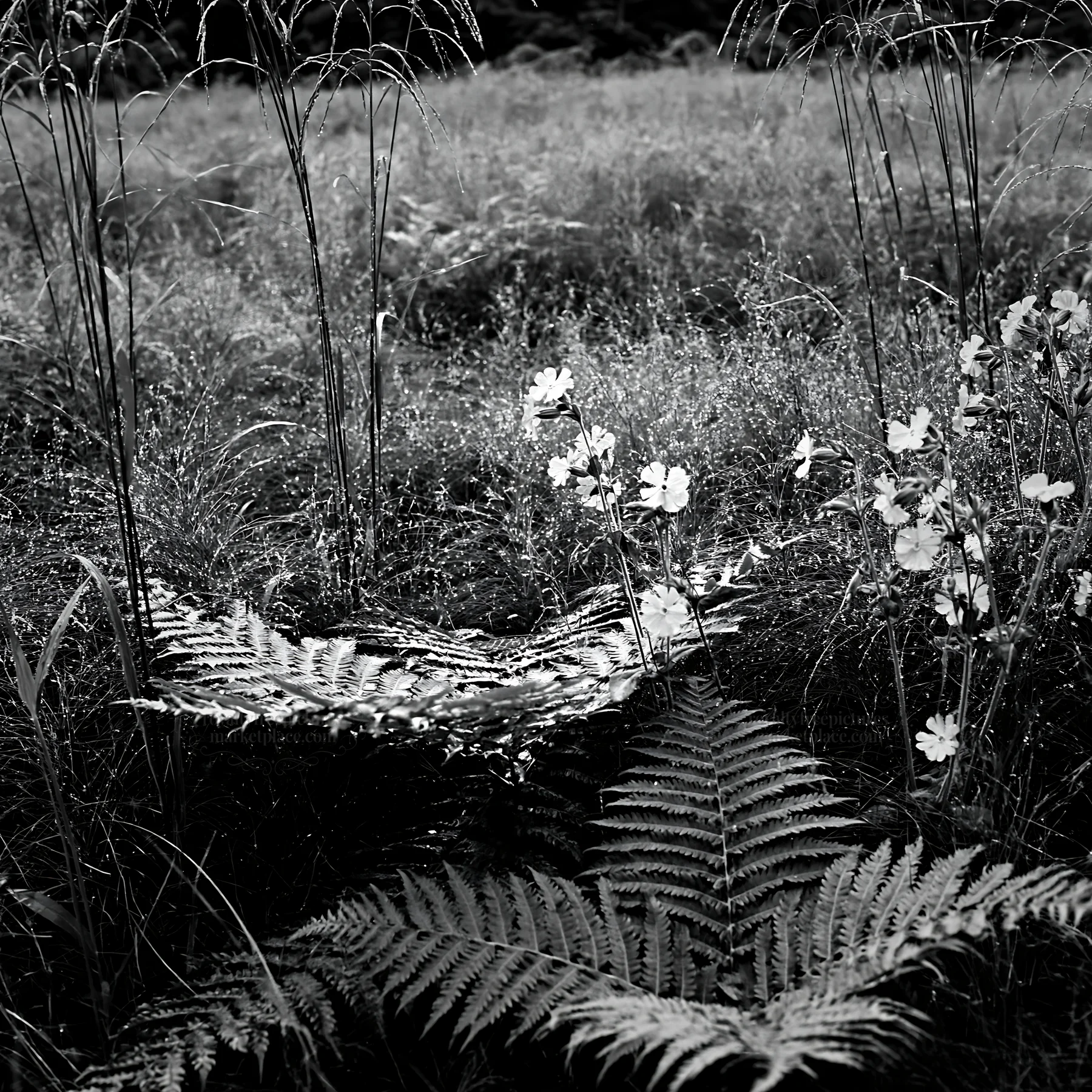 Black and white nara summer meadow with fern foreground and pink flowers - AI-generated stock image
