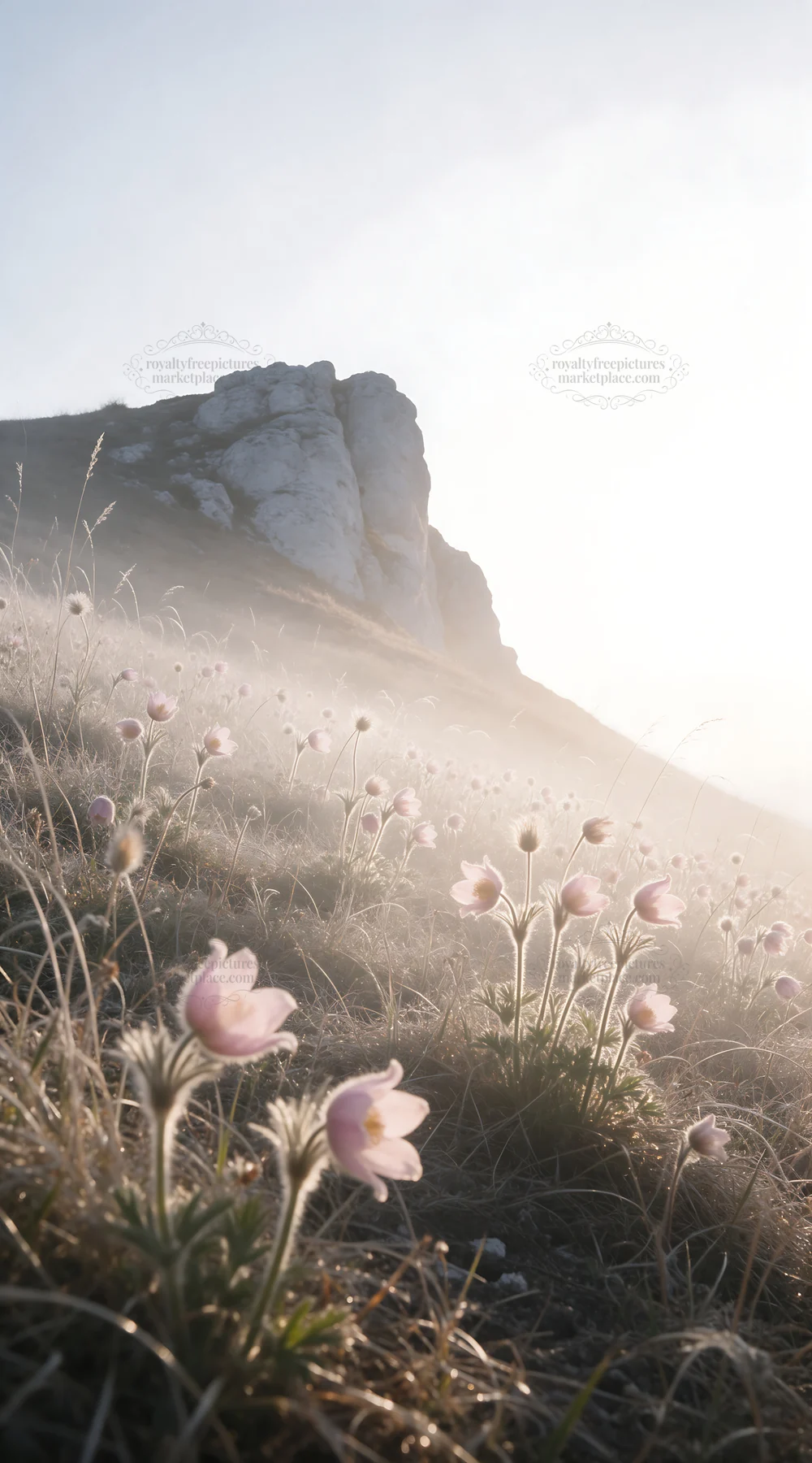 Sunny dry meadow with flowers and rocky hill in background - AI-generated stock image
