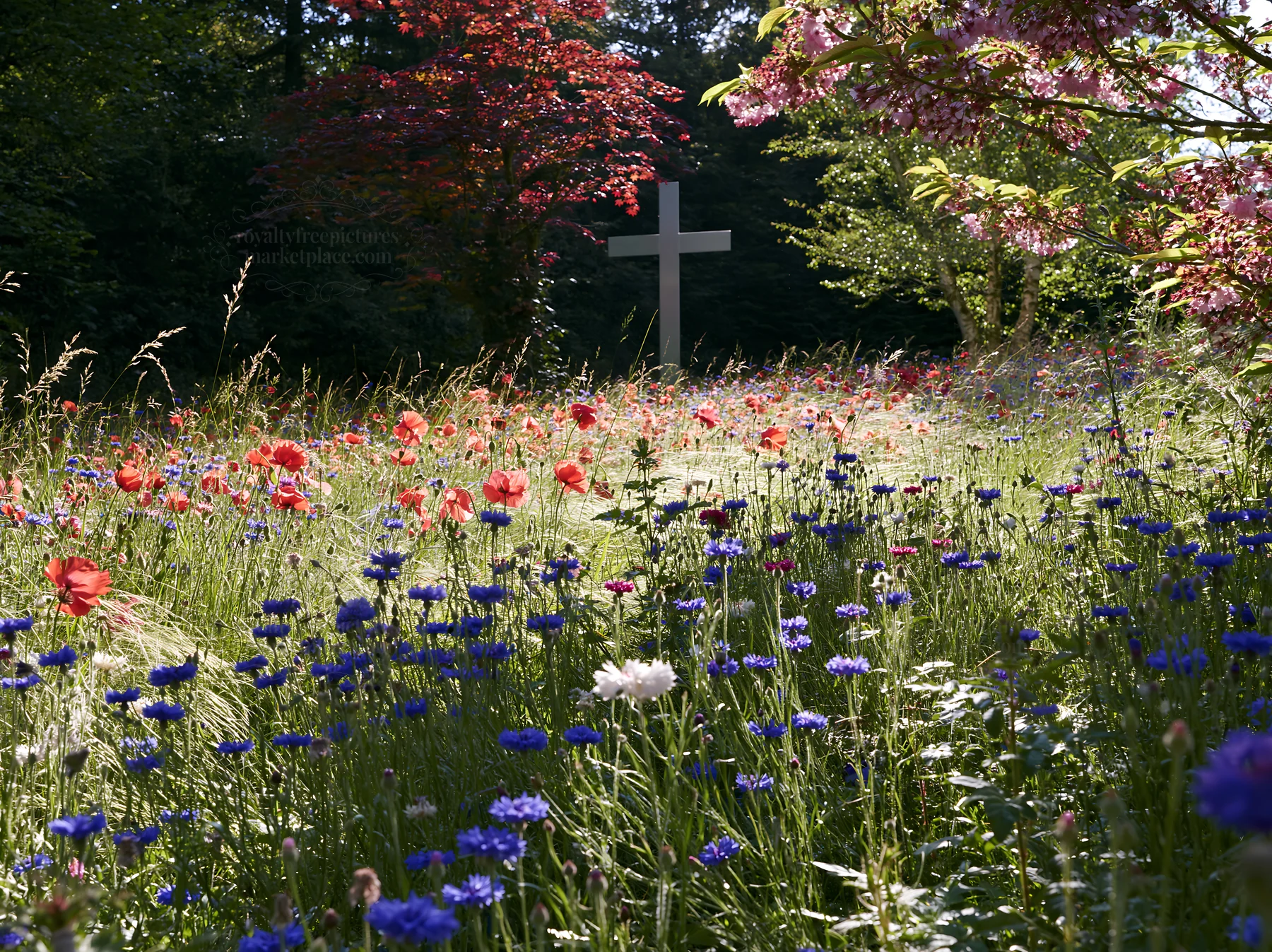 White Christian cross in a meadow with flowers during daylight - AI-generated stock image