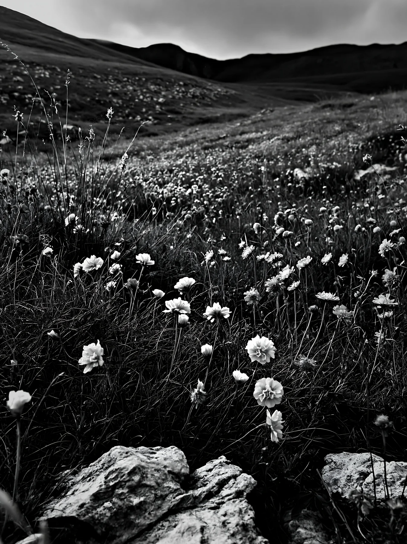 Cloudy rockrose meadow with white flowers in the foreground - AI-generated stock image