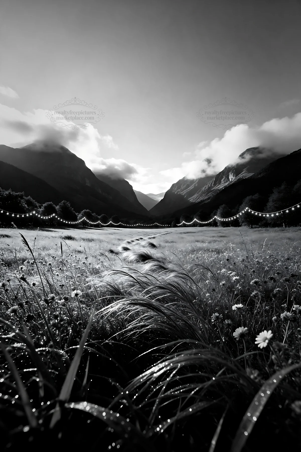 Warm Christmas lights across mountain valley meadow - AI-generated stock image