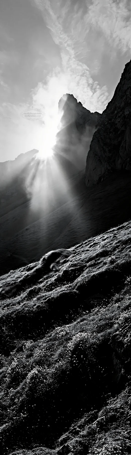 Sunrays shining through mountains in Picos de Europa meadow - AI-generated stock image