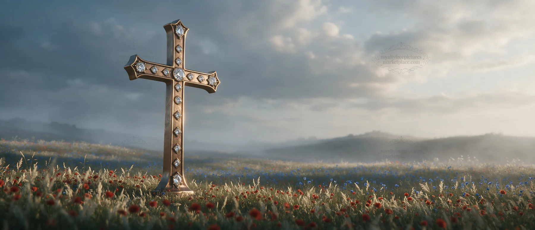 Weathered Christian cross in misty meadow during sunrise - AI-generated stock image