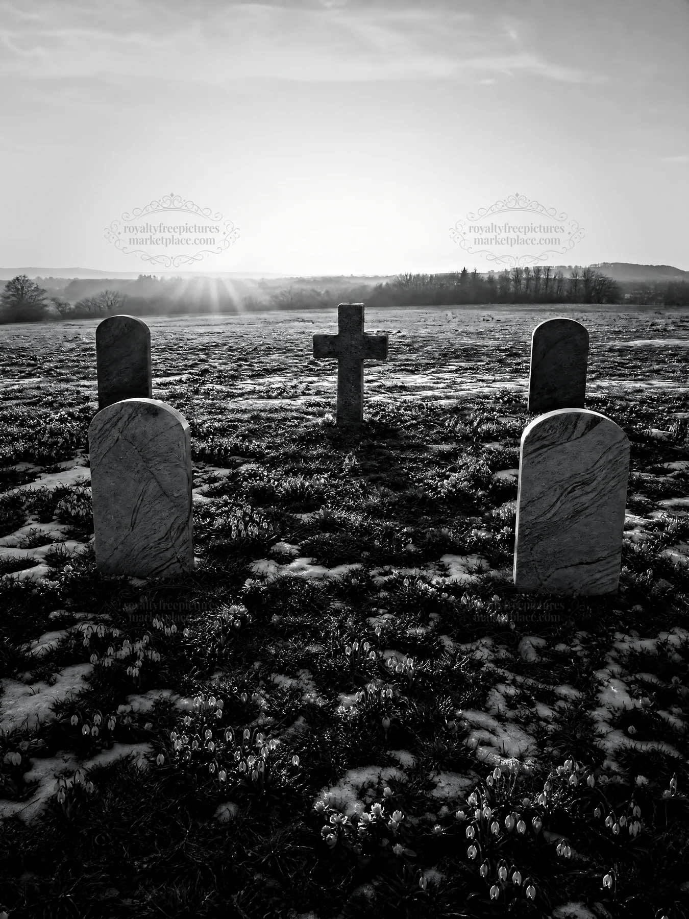 Christian cross in winter meadow with low sunlight - AI-generated stock image
