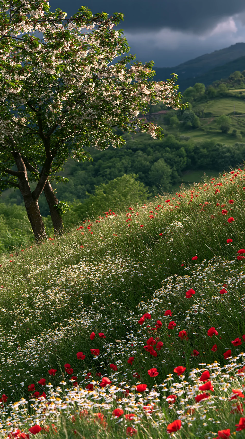 Moody orchard meadow with flowers and distant hills - AI-generated stock image
