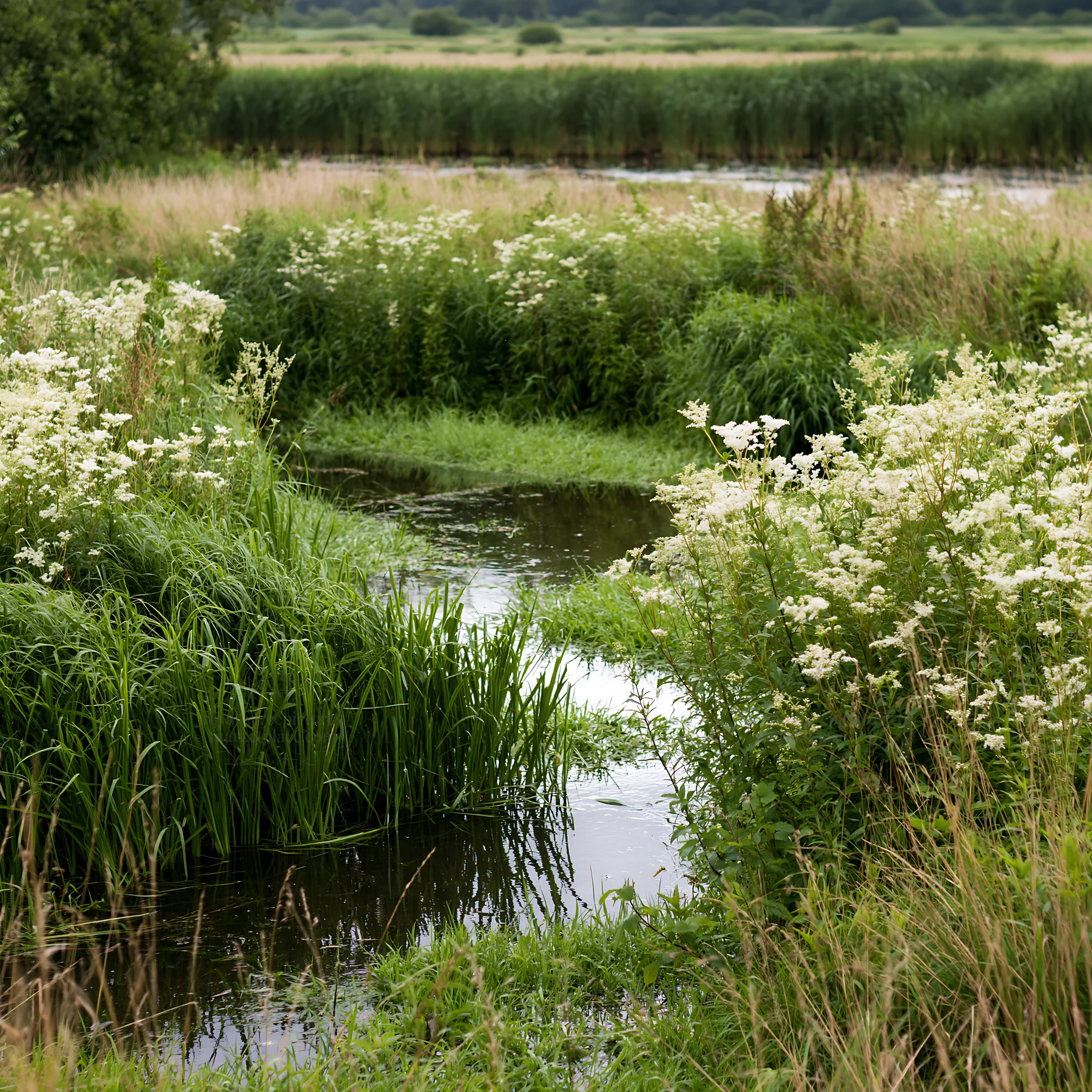 Winding stream flows through meadow with flowers and grass - AI-generated stock image