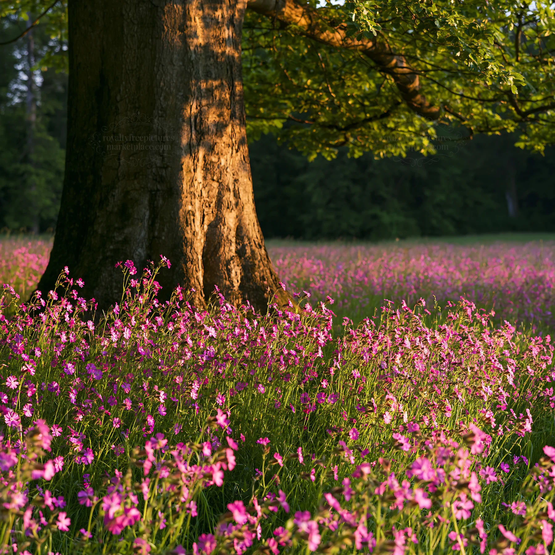 Pink campion meadow in sunlight near a tall tree - AI-generated stock image