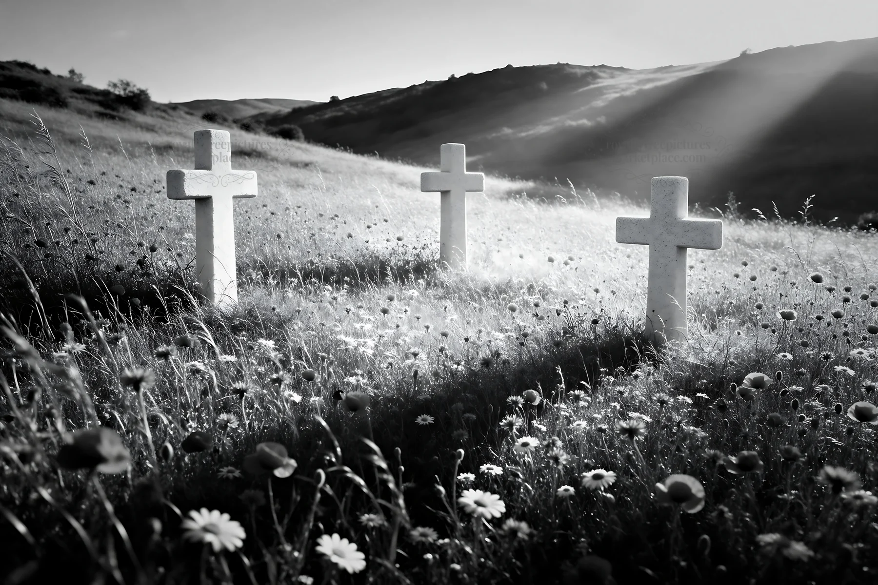 Christian crosses in meadow with light rays - AI-generated stock image