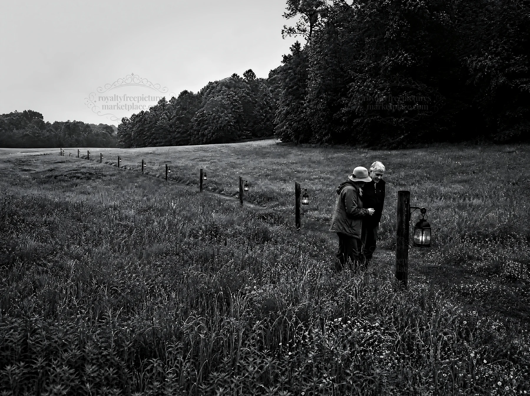 Lanterns along a meadow path at dusk with two people - AI-generated stock image