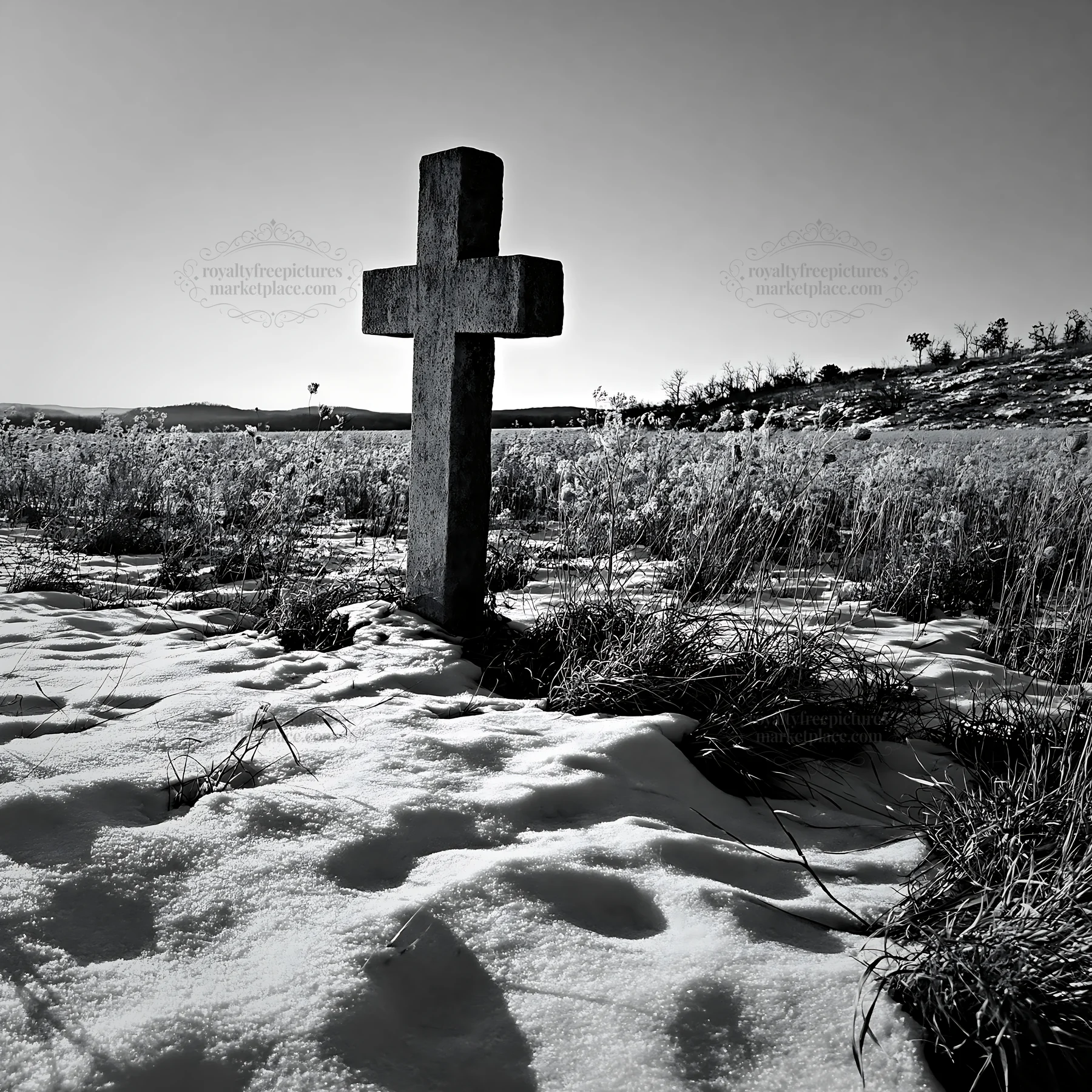 Weathered Christian cross in snowy meadow landscape - AI-generated stock image