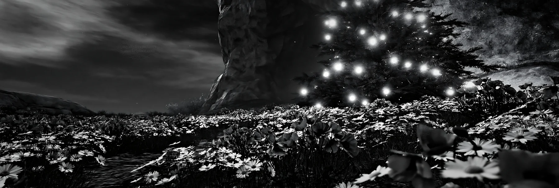 Christmas tree beside cave in meadow with flowers - AI-generated stock image