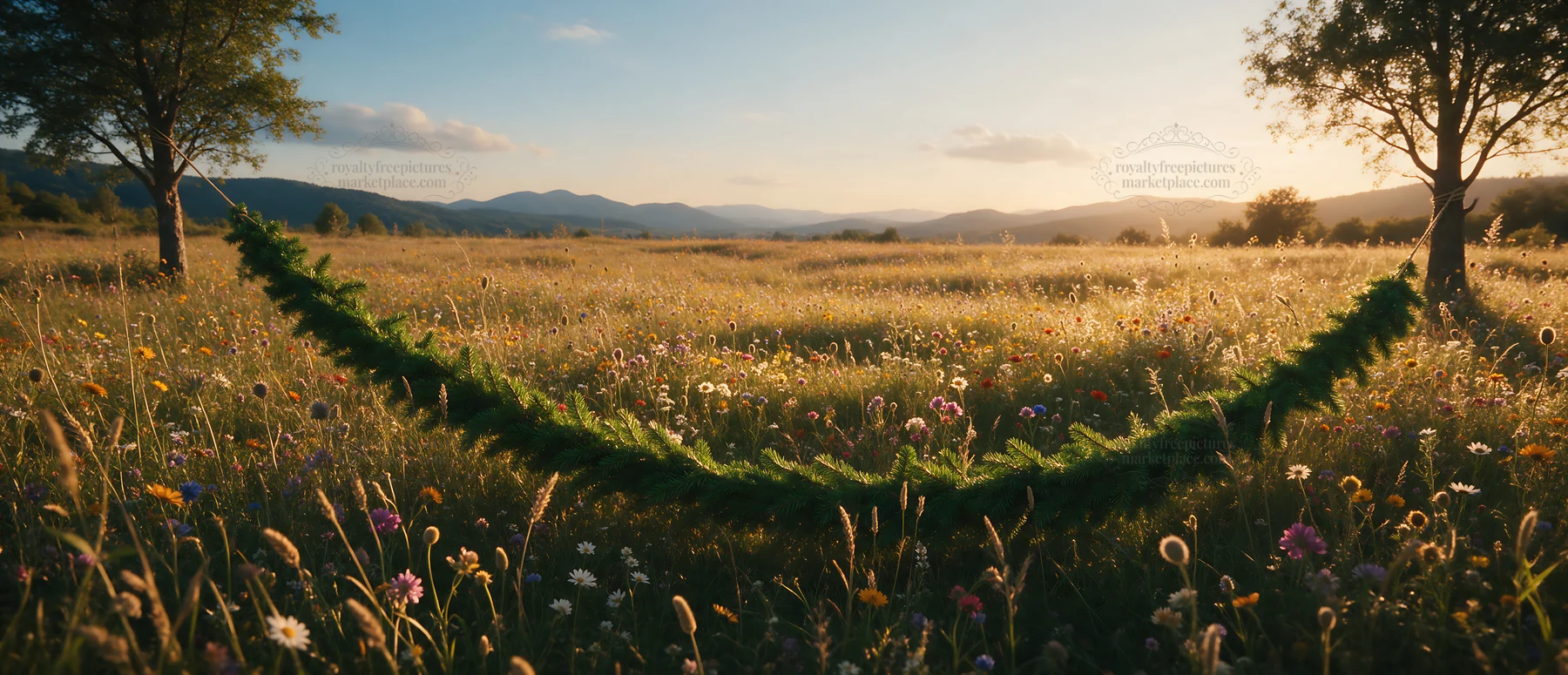 Vibrant Christmas garland curves across meadow grass - AI-generated stock image