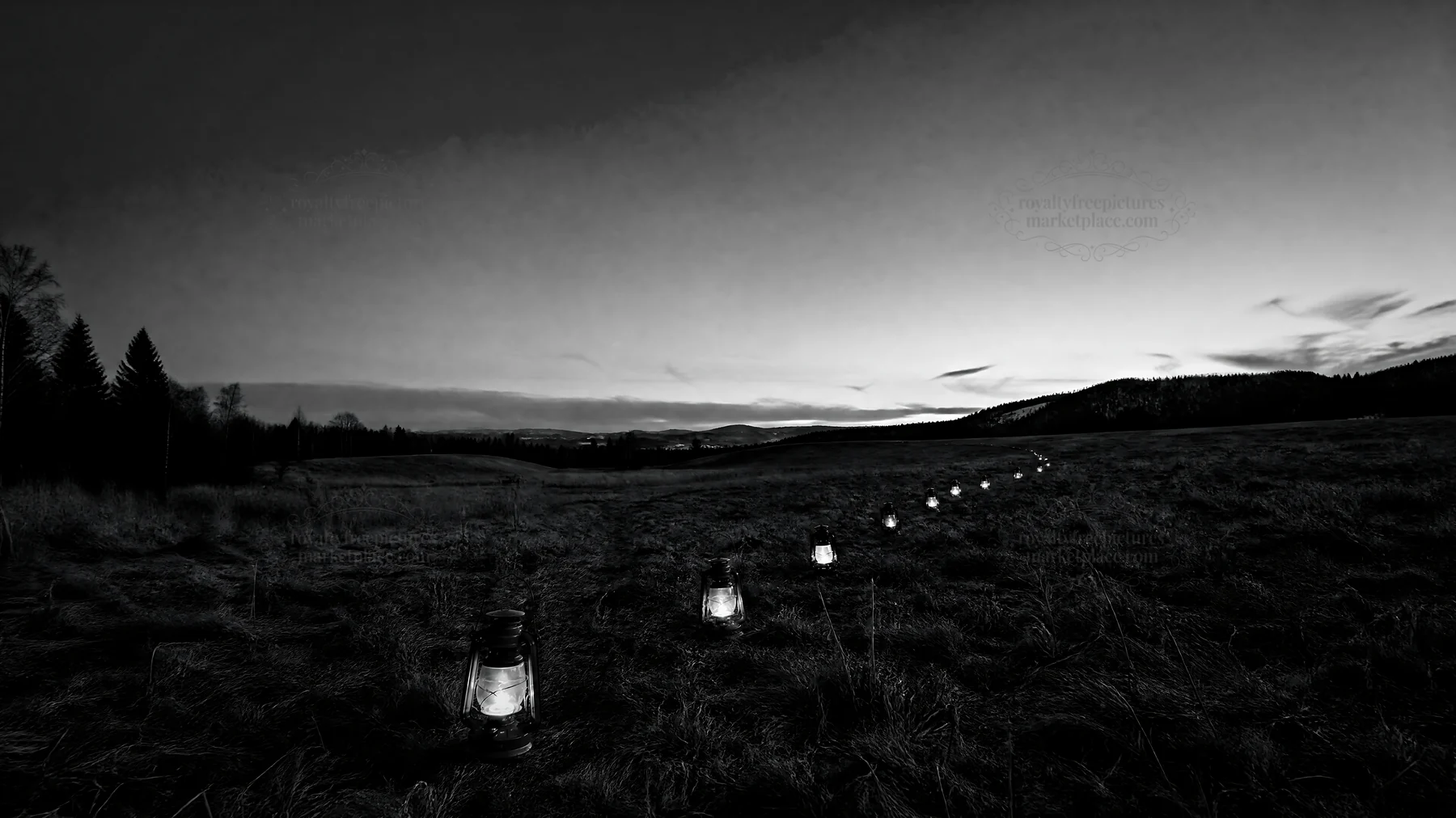Colorful Christmas lanterns light up a meadow at dusk - AI-generated stock image