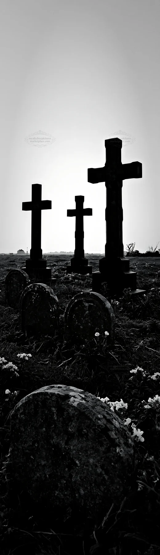 Three Christian crosses in a meadow at sunrise - AI-generated stock image