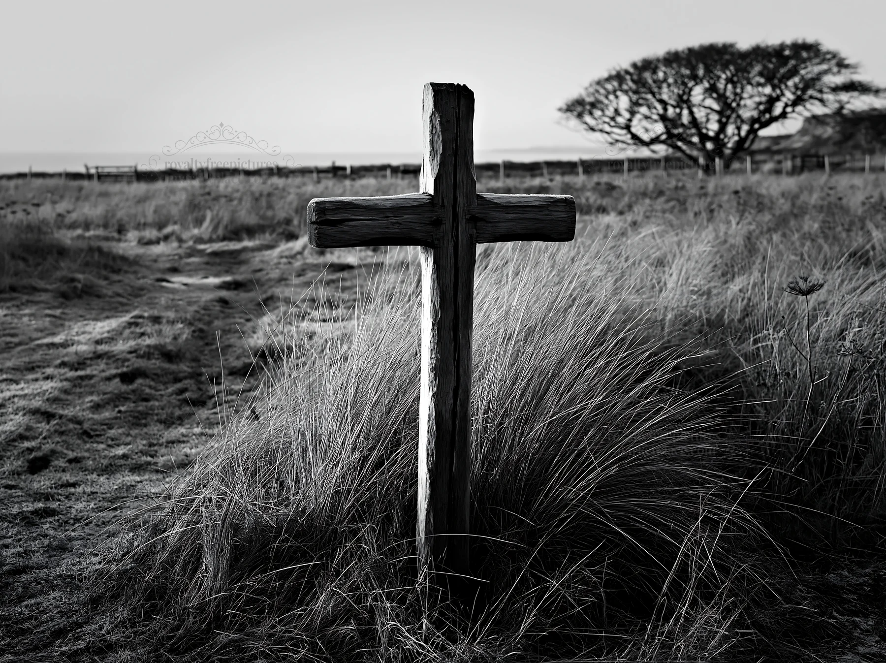 Carved oak cross in frosted meadow - AI-generated stock image