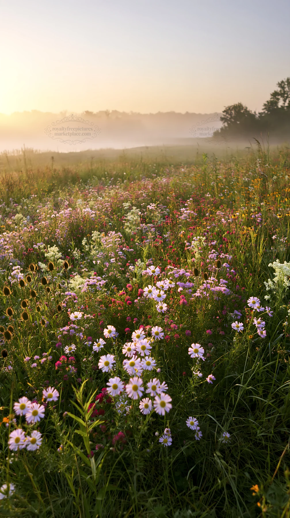 Sunlit lakeside meadow with wildflowers in the morning - AI-generated stock image