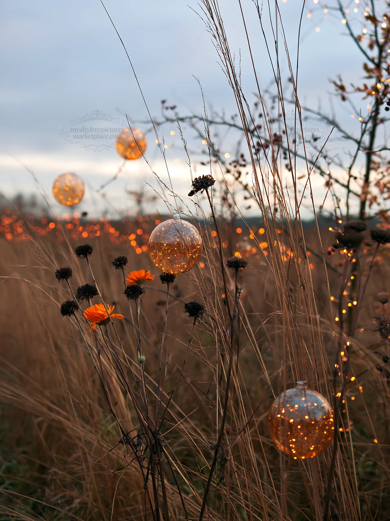 Open Christmas meadow with winter grasses and baubles - AI-generated stock image