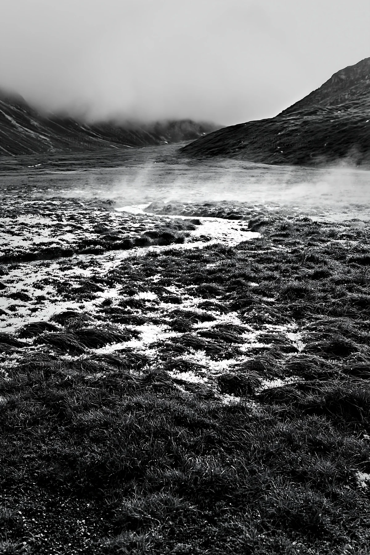 Mountain pass meadow with mist and low clouds - AI-generated stock image