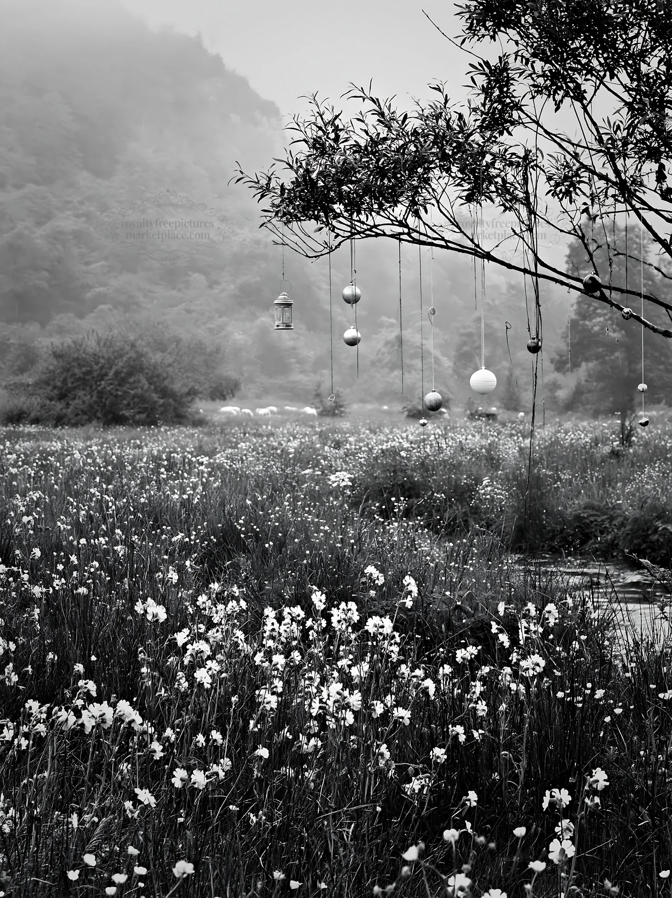 Christmas ornaments hanging above stream in foggy meadow - AI-generated stock image
