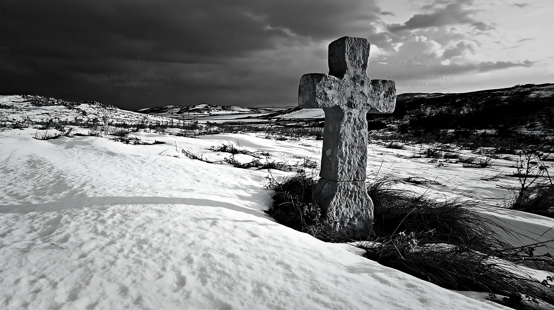 Stone Christian cross in snowy meadow landscape - AI-generated stock image